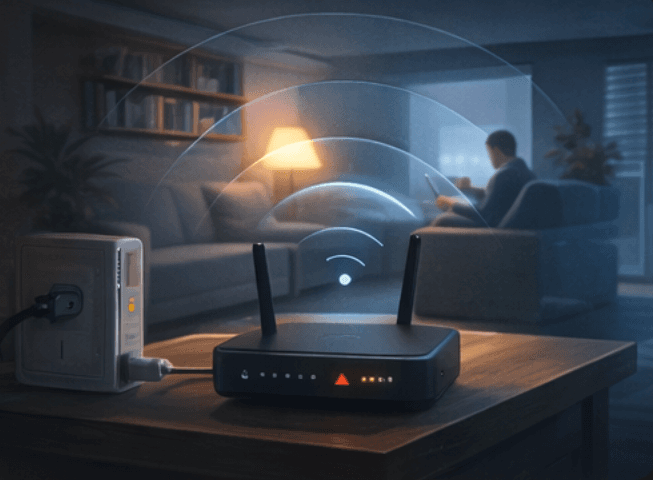 Home Wi-Fi router on a table with a fading signal overlay showing weak wireless coverage.