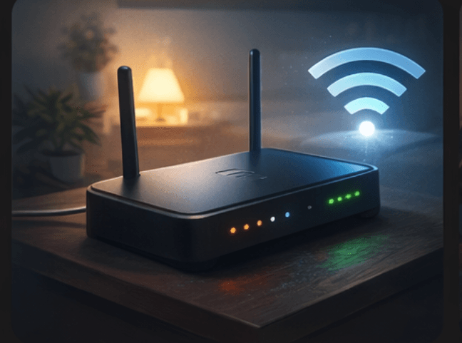 Wi-Fi router representing safer home network protection with a strong password and secure settings.